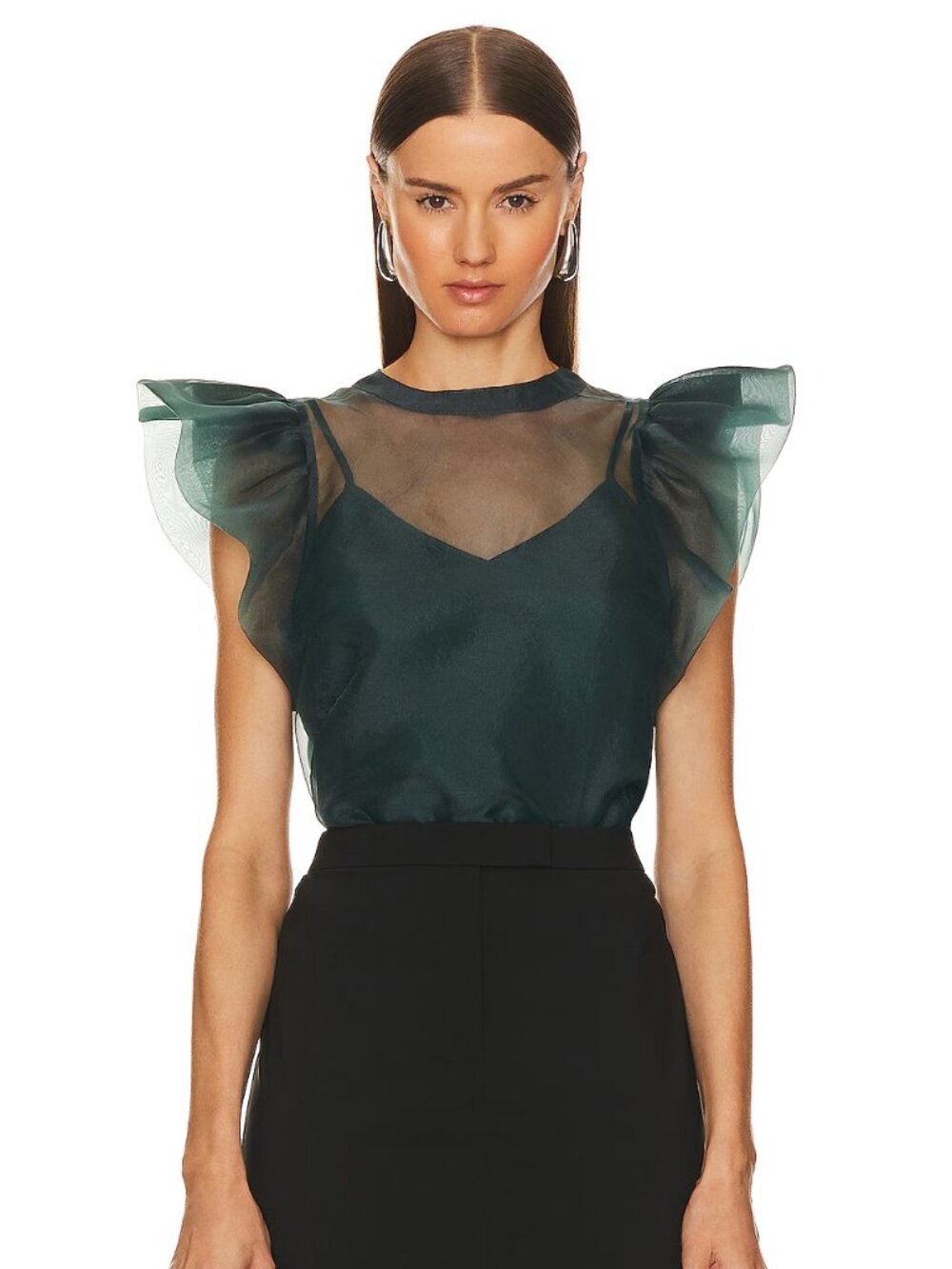 SIMKHAI Corina Organza Ruffle Top Blouse Emerald Green Statement Sleeves